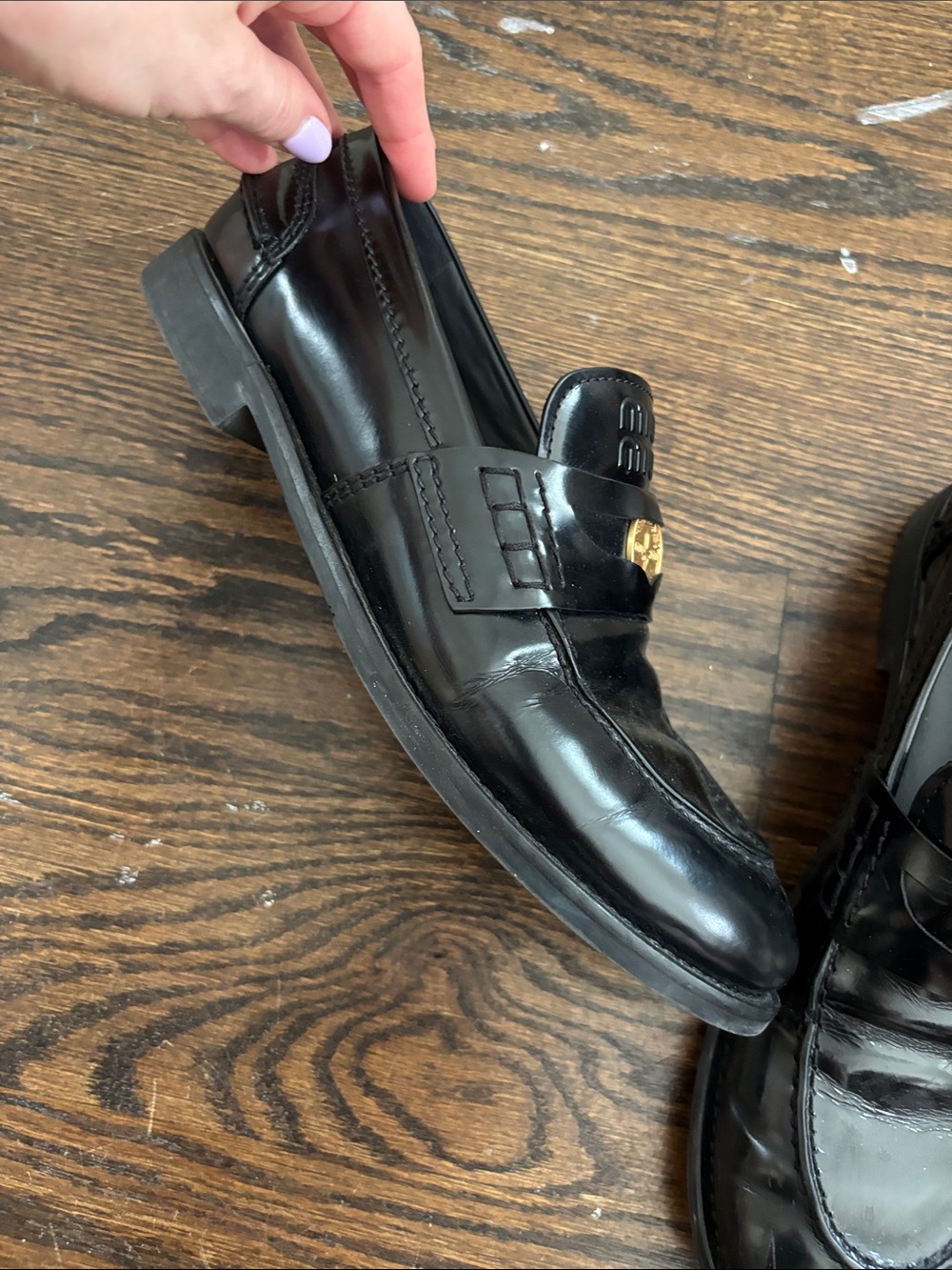 Miu Miu Black Leather Penny Loafers with Gold Accent - Picture 6 of 12